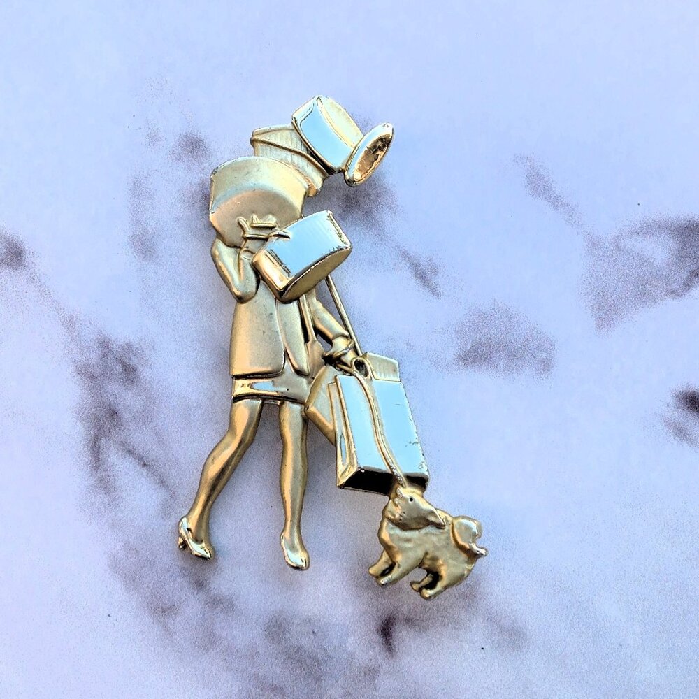 Christmas Brooch High Heeled Lady Struggles w Dog & Multiple Gift Boxes Vintage